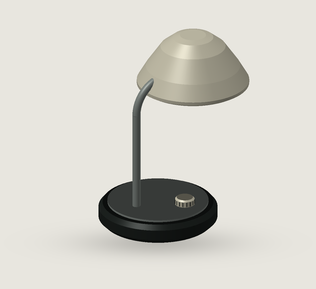 Limoengroene tafellamp met gebogen metalen arm en ronde grafietkleurige voet. Alternatief standpunt en materiaal.